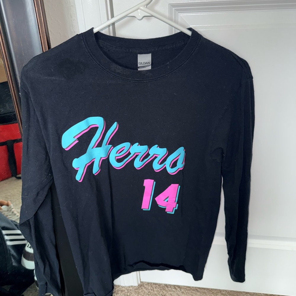 Tyler Herro Black Long Sleeve Tee with Teal & Pink - Miami Heat